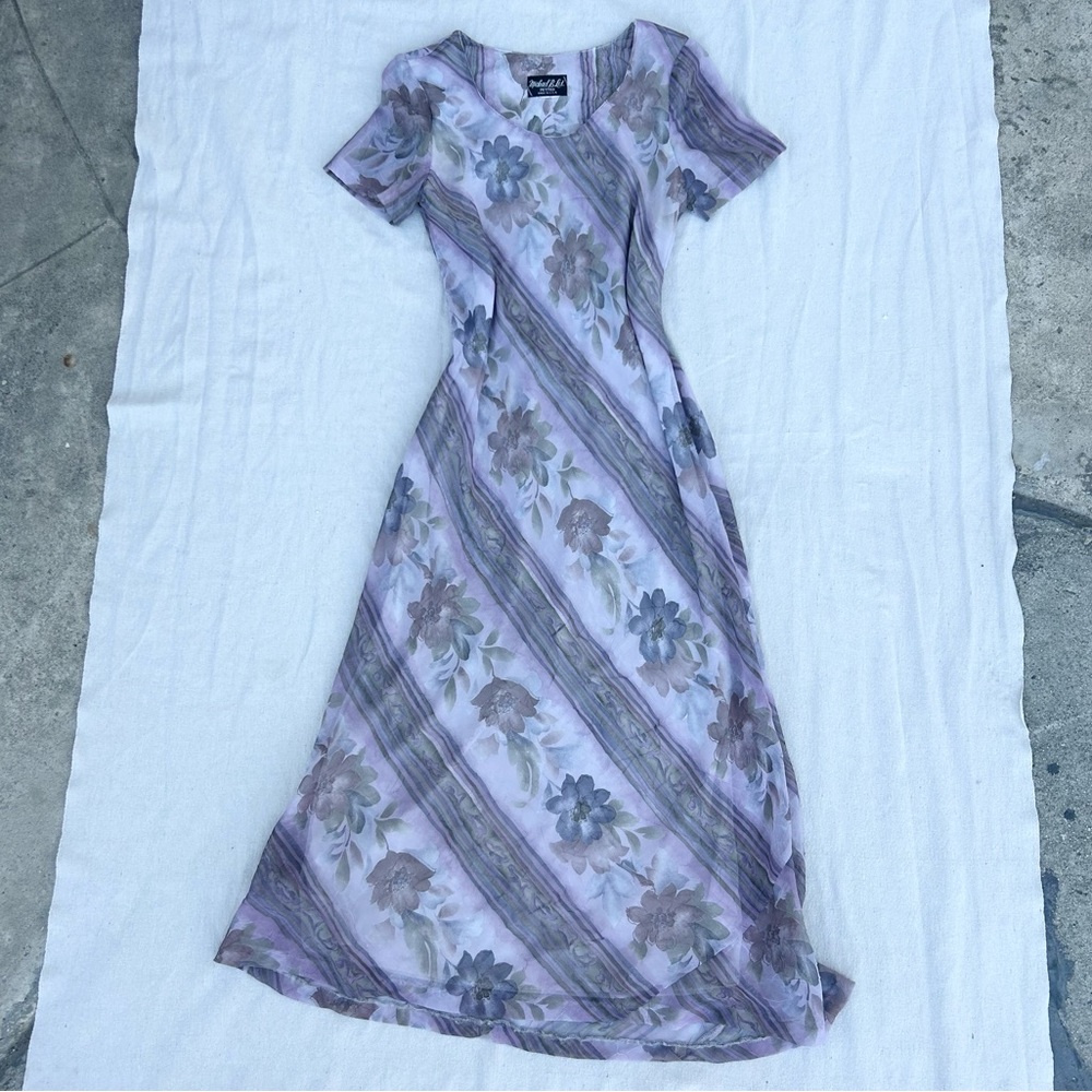 Vintage 80s 90s Michael B Ltd. Purple Floral Maxi Dress, Sheer Cottagecore Boho